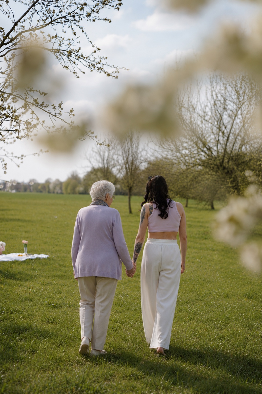 Symbolbild: Eine jüngere und eine ältere Frau gehen Hand in Hand über eine Wiese.